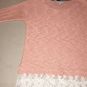 Light coral sweater with cream lace bottom